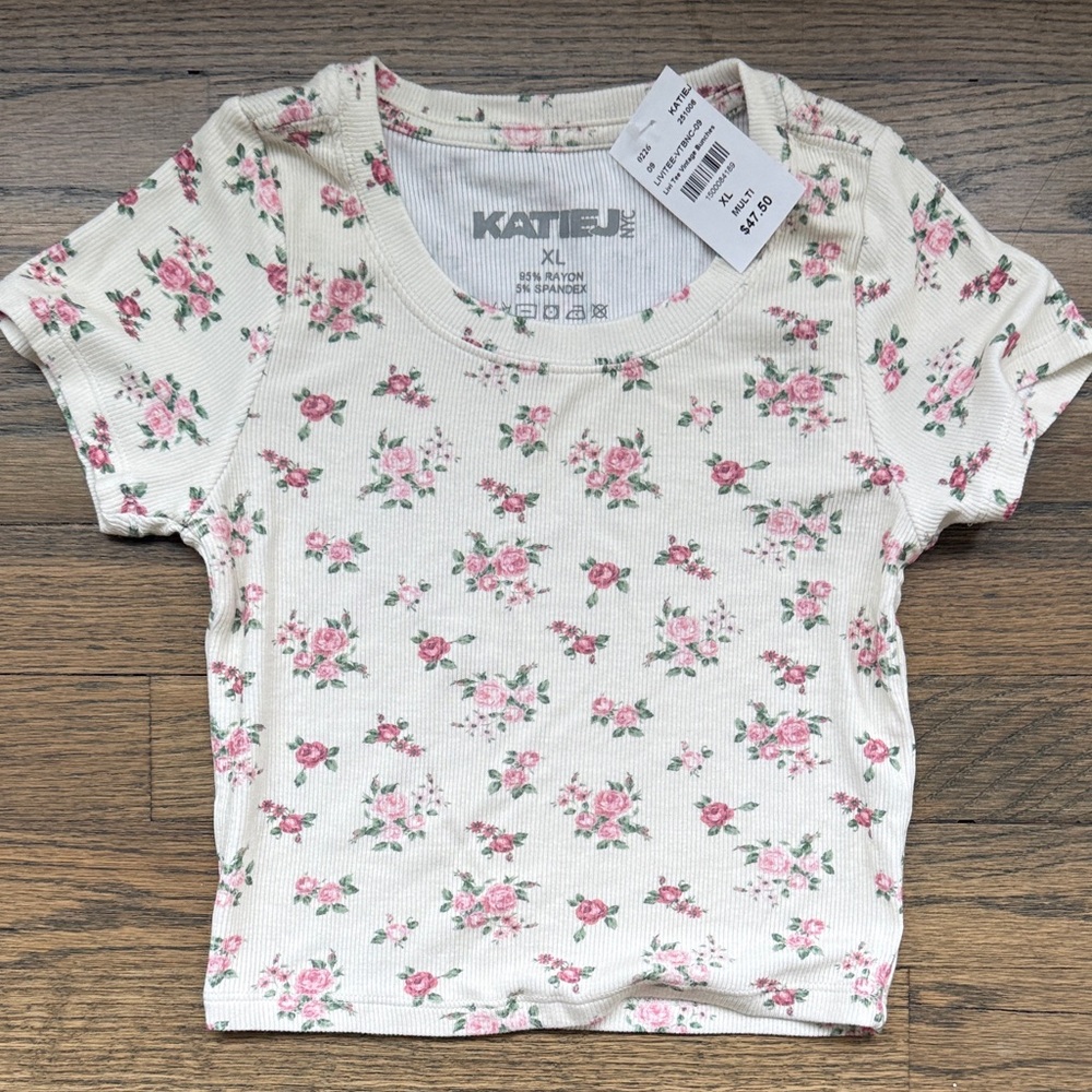 Katie J NYC Cream Short-Sleeve Ribbed Top with Pink Rose Print
